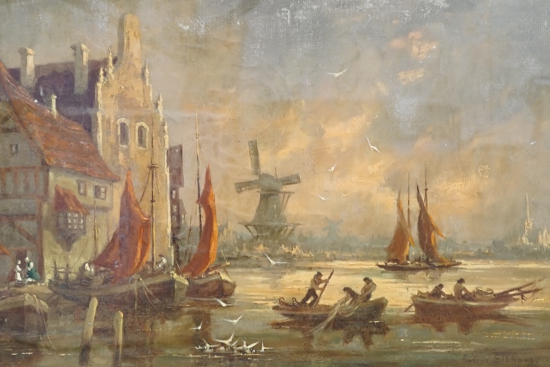 Gudrun Sibbons (German, 1925-2000), oil on canvas, Dutch harbour view with fishing boats, signed, 28 x 41cm. Condition - poor to fair, craquelure throughout